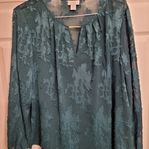 Liz Claiborne Sheer Shimmering Floral Green Blouse Sz. XL